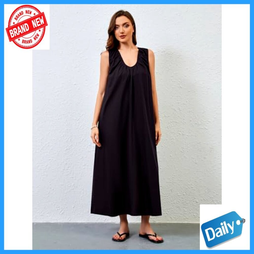 Cotton Maxi Dress with Scoop Neck Ruched Details Side Pockets - Picture 4 of 5